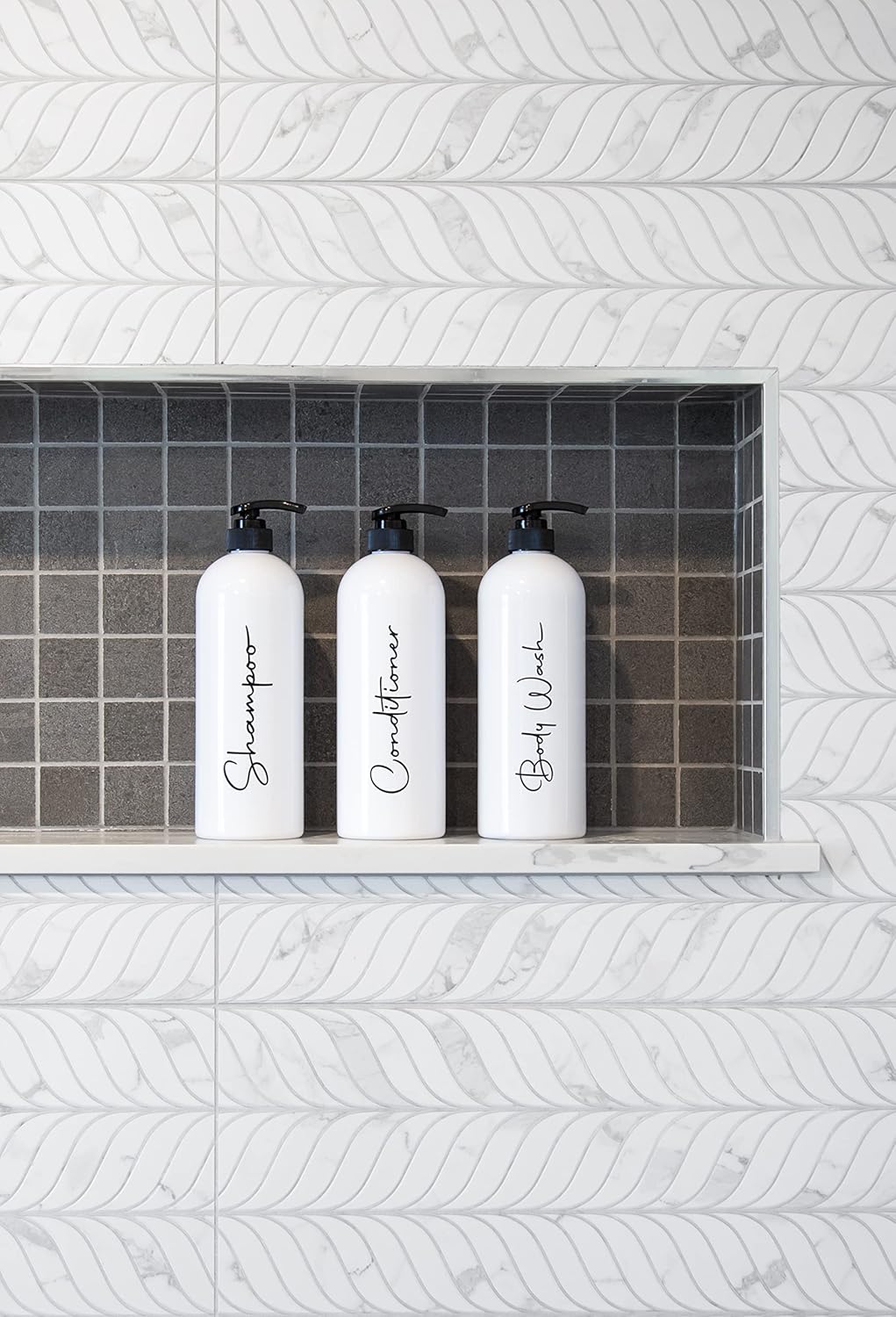 Alora 16oz Refillable Shampoo and Conditioner Dispenser Bottles - Set of 3 - Pump Bottle Dispenser for Shampoo, Conditioner, Body Wash - Empty Plastic Refillable Containers for Shower, Matte White