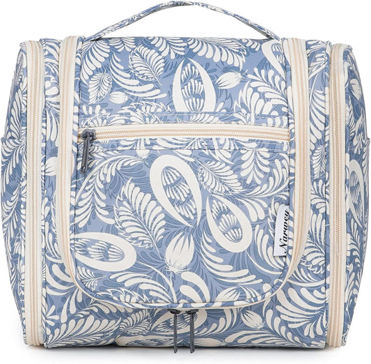 Narwey Hanging Toiletry Bag for Women Travel Makeup Bag Organizer Toiletries Bag Men for Cosmetics Essentials Accessories(Large, Blue Leaf)