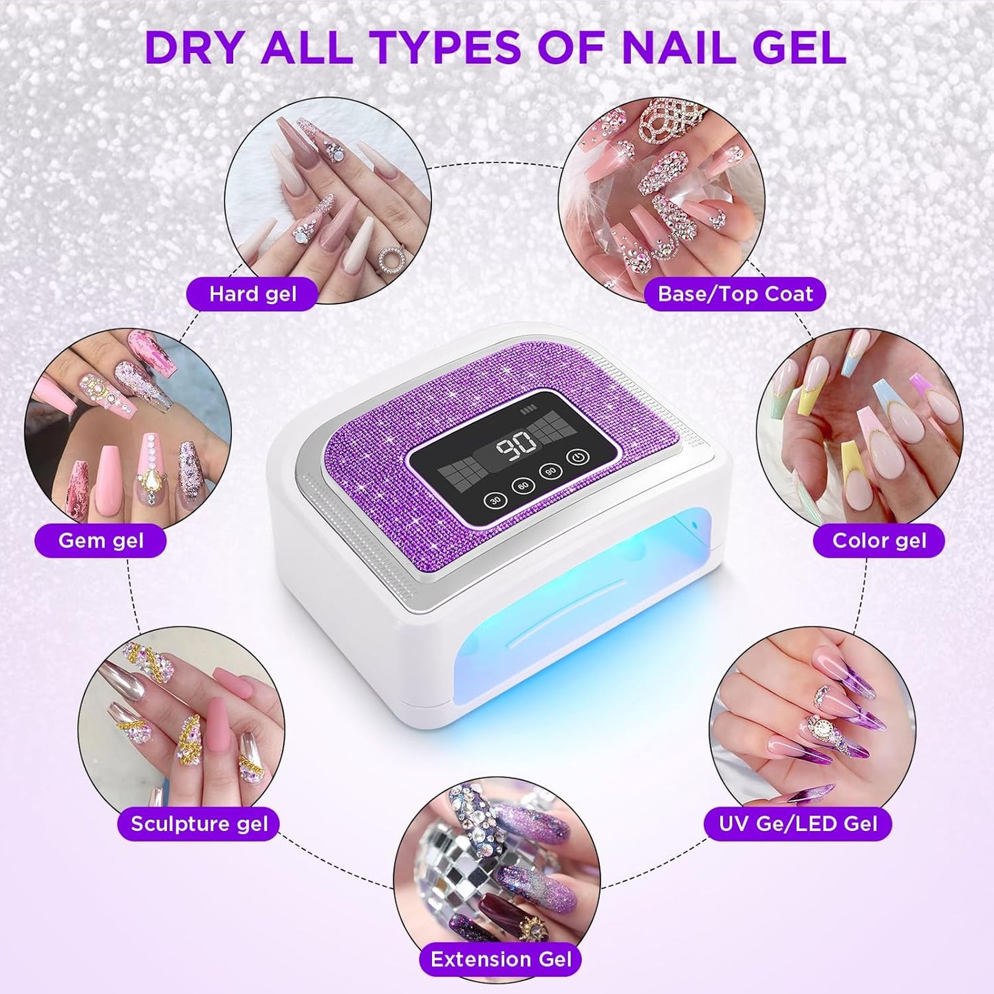 Aedavey Cordless Nail Lamp, Rechargeable UV Nail Lamp for Gel Nails, LED Nail Lamp with 4 Timer Modes, Gel Nail Light Decorate with Sparkling Nail Rhinestones Diamond (Sparkly Purple Diamond)