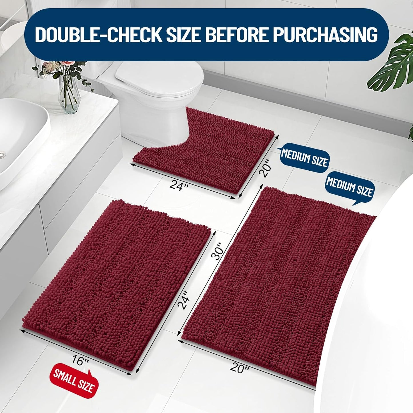 Grandaily Chenille Striped Bathroom Rugs 30x20, Extra Thick and Absorbent Bath Mats, Non-Slip Soft Plush Shaggy Shower Carpet, Machine Wash Dry, Bath Rug for Bathroom, (Medium, Burgundy)