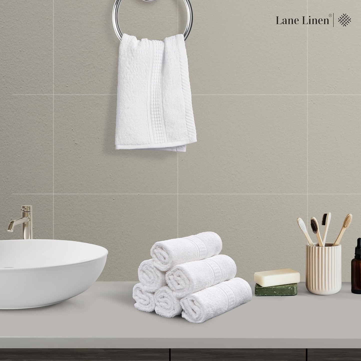 LANE LINEN 100% Cotton Washcloths 24 Pack - Spa & Salon Quality Face Towels - Ring Spun, Soft & Absorbent Wash Cloth Rags for Body, Beauty, Home, Gym - Fingertip Towels - 13"x13", White Washcloths