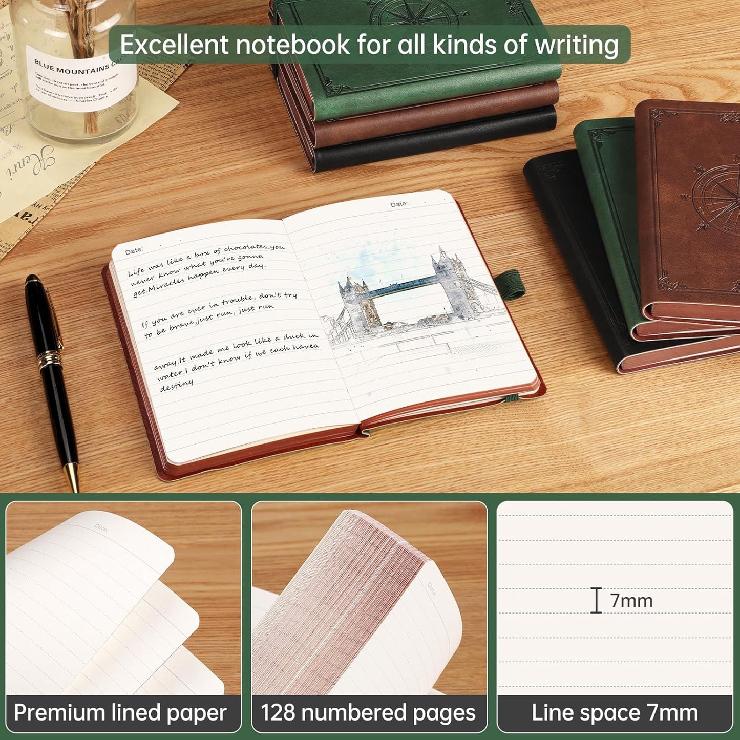 AHGXG Small Lined Pocket Journal Notebook for Men - 256 Numbered Pages College Ruled B6 Mini Journal, Vintage Soft Leather Hardcover, 80gsm Paper, for Women Work Office School, 4.1'' X 5.7''- Dark Green