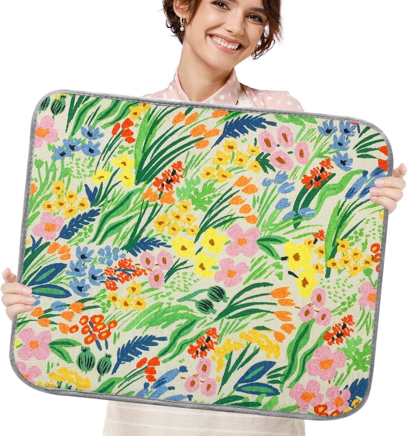 SHIYUE Dish Drying Mat for Kitchen Counter Super Absorbent Spring Kitchen Decor Microfiber Drying Matainers Rack Fast Pad Dish Drainer Mats(Cute Colorful Flowers,18''x24'')