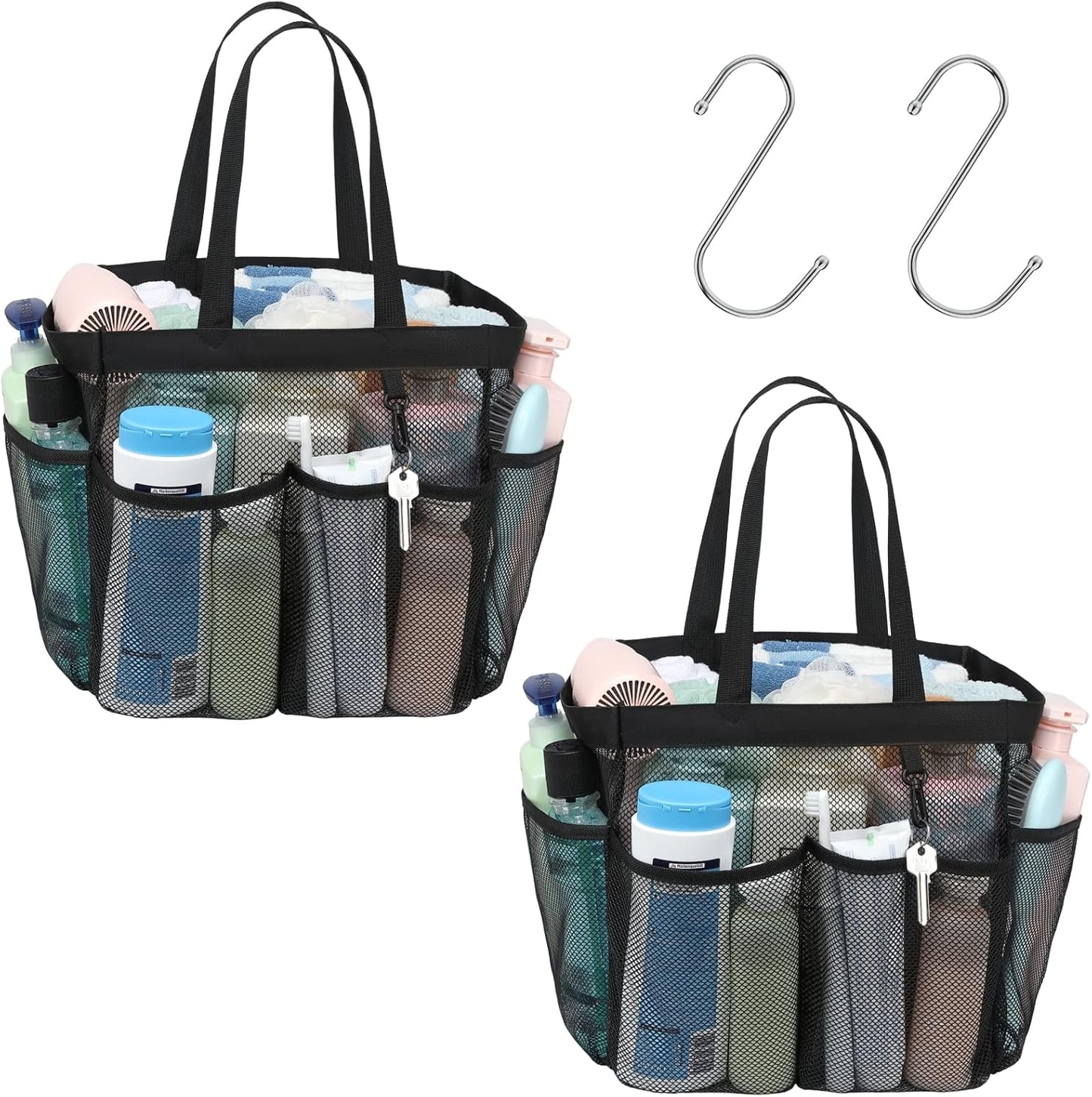 F-color Mesh Shower Caddy Portable, X Large 7 Deeper Pockets Shower Bag Basket Tote for College Dorm Room Bathroom Essentials Gym Camp Quick Dry 2 handles with S Hook, 2 Pack Black