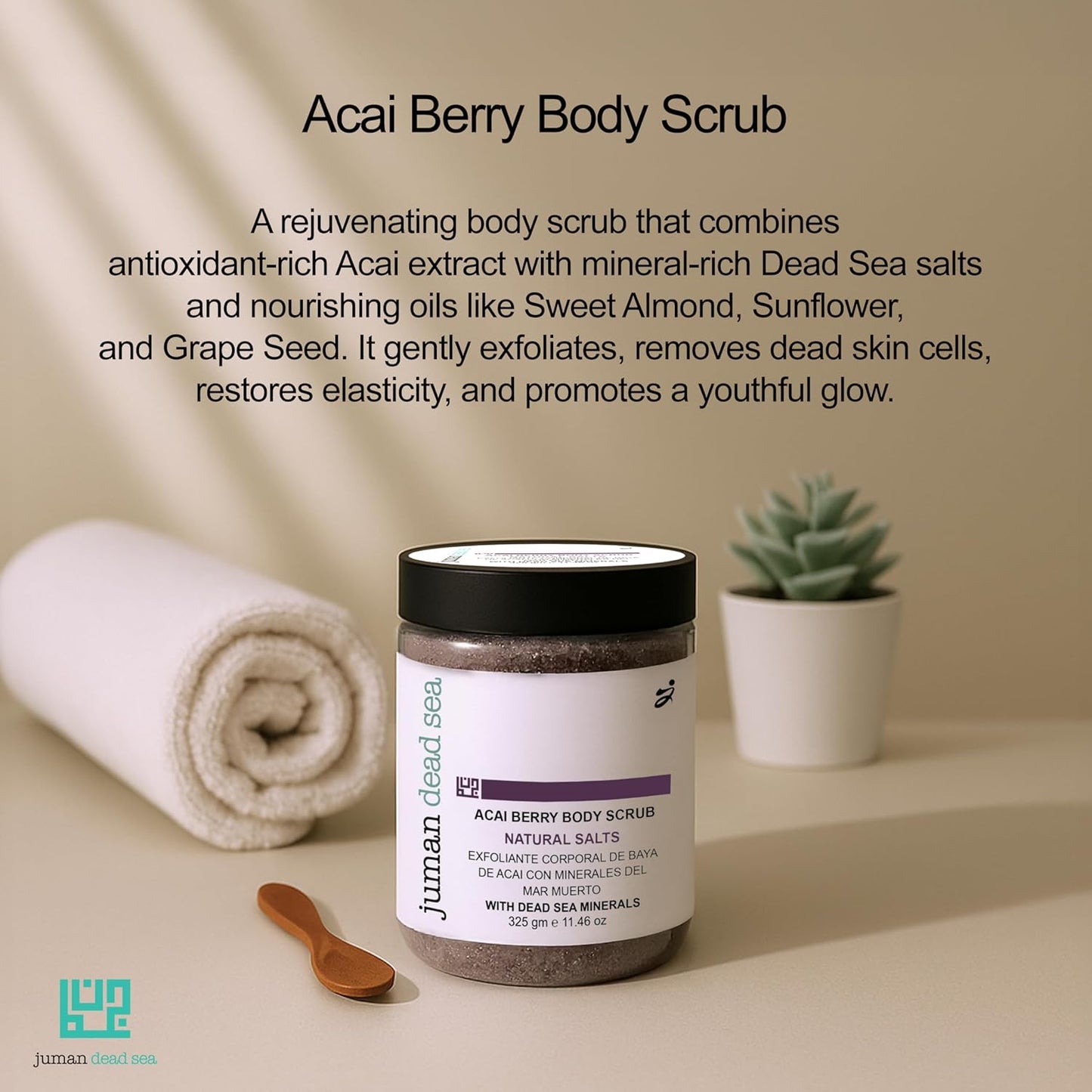 Juman Dead Sea Salt Body Scrub | Infused with Aloe Vera Essential Oil & Cocoa Butter | Acia Berry Scrub | Removes Dead Skin Cells and Rejuvenate Dull Skin | SlS & Paraben Free | Vegan | 11.46 Oz