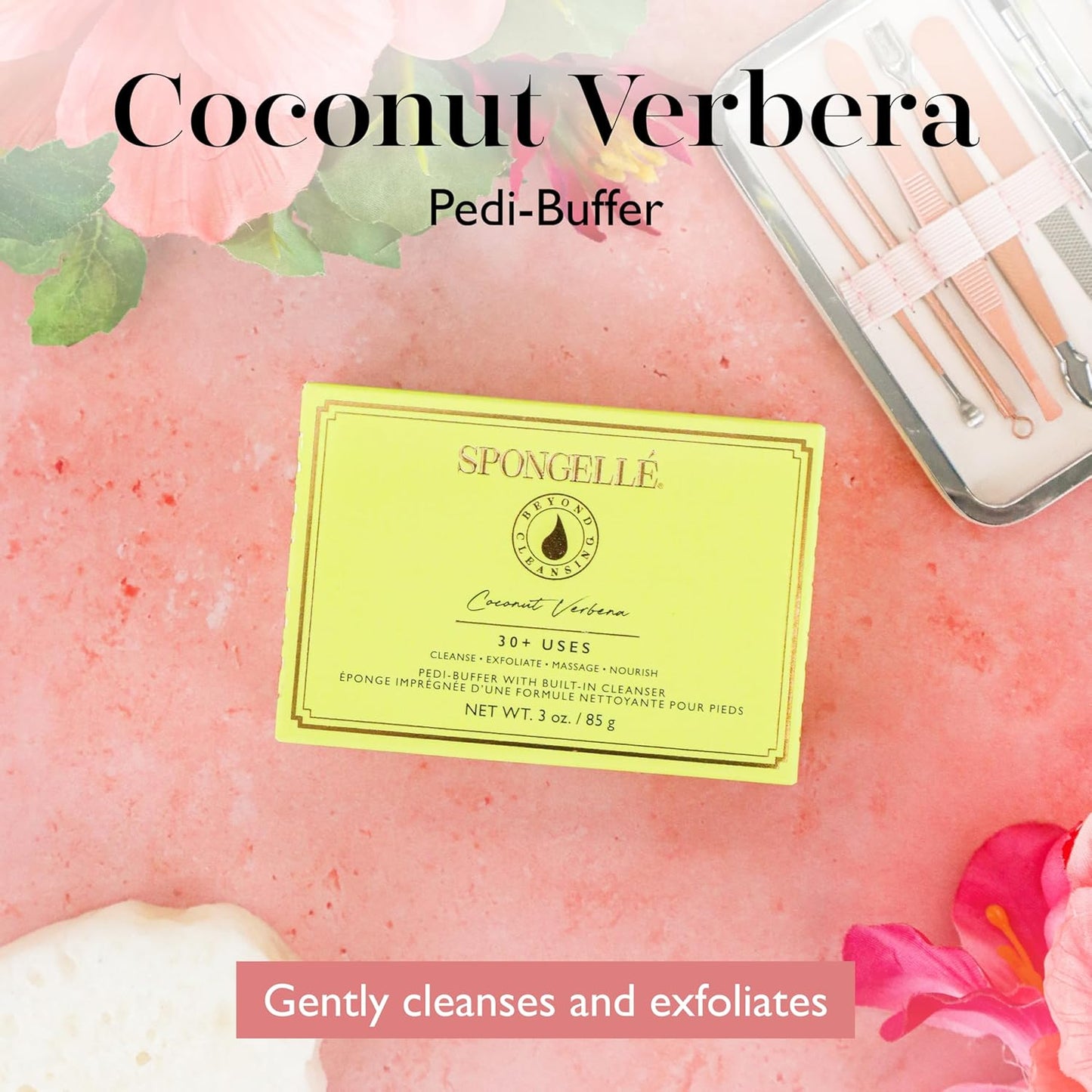 SPONGELLÉ Coconut Verbena Pedi-Buffer with Built-in Cleanser - Exfoliates, Softens & Smooths Feet for a Spa-Like Pedicure Experience, 30+ Uses