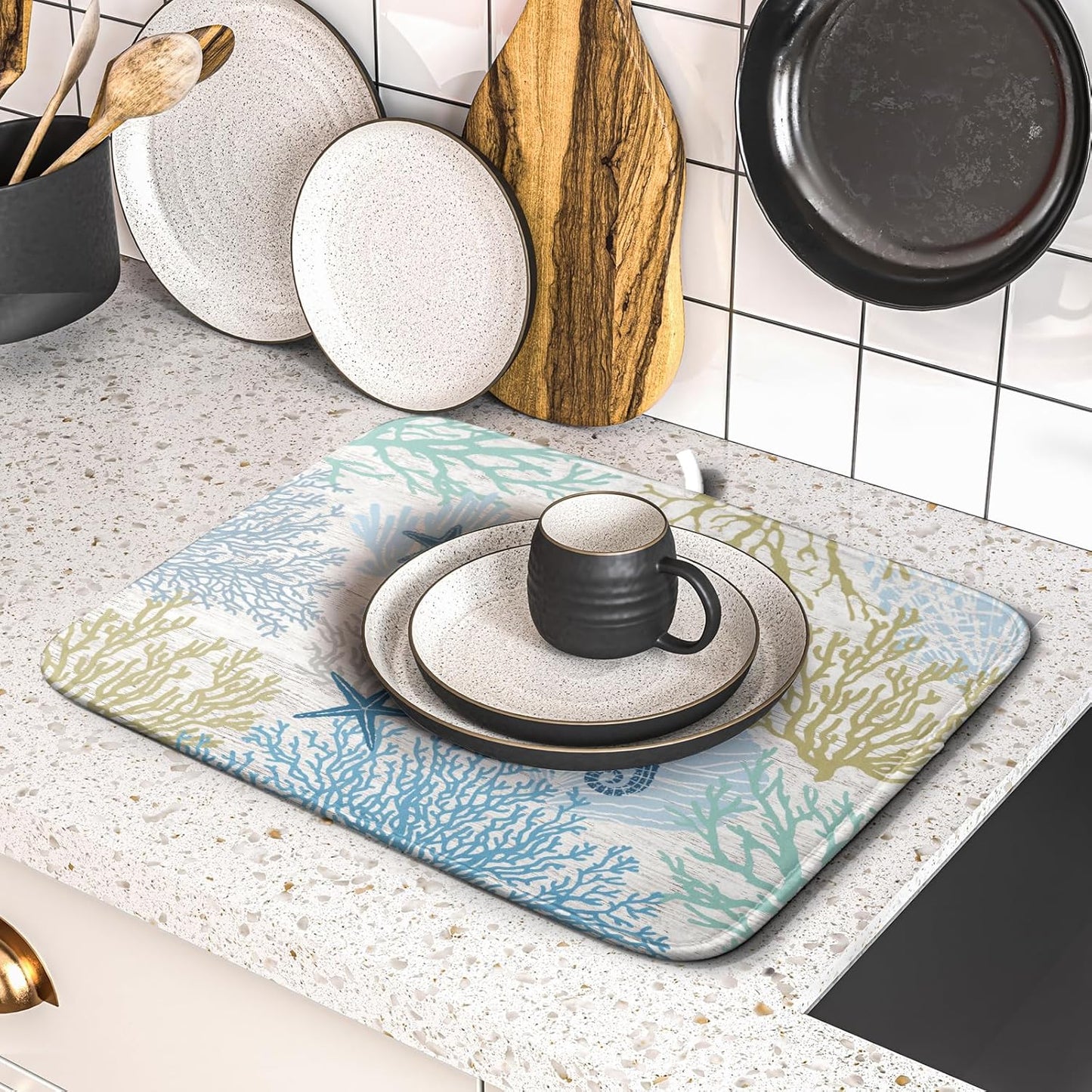 Blue Coral Dish Drying Mat Coastal Starfish Dishes Pad Hanging Drainer Mats Reversible Absorbent Kitchen Counter Protector 16x18 Inch