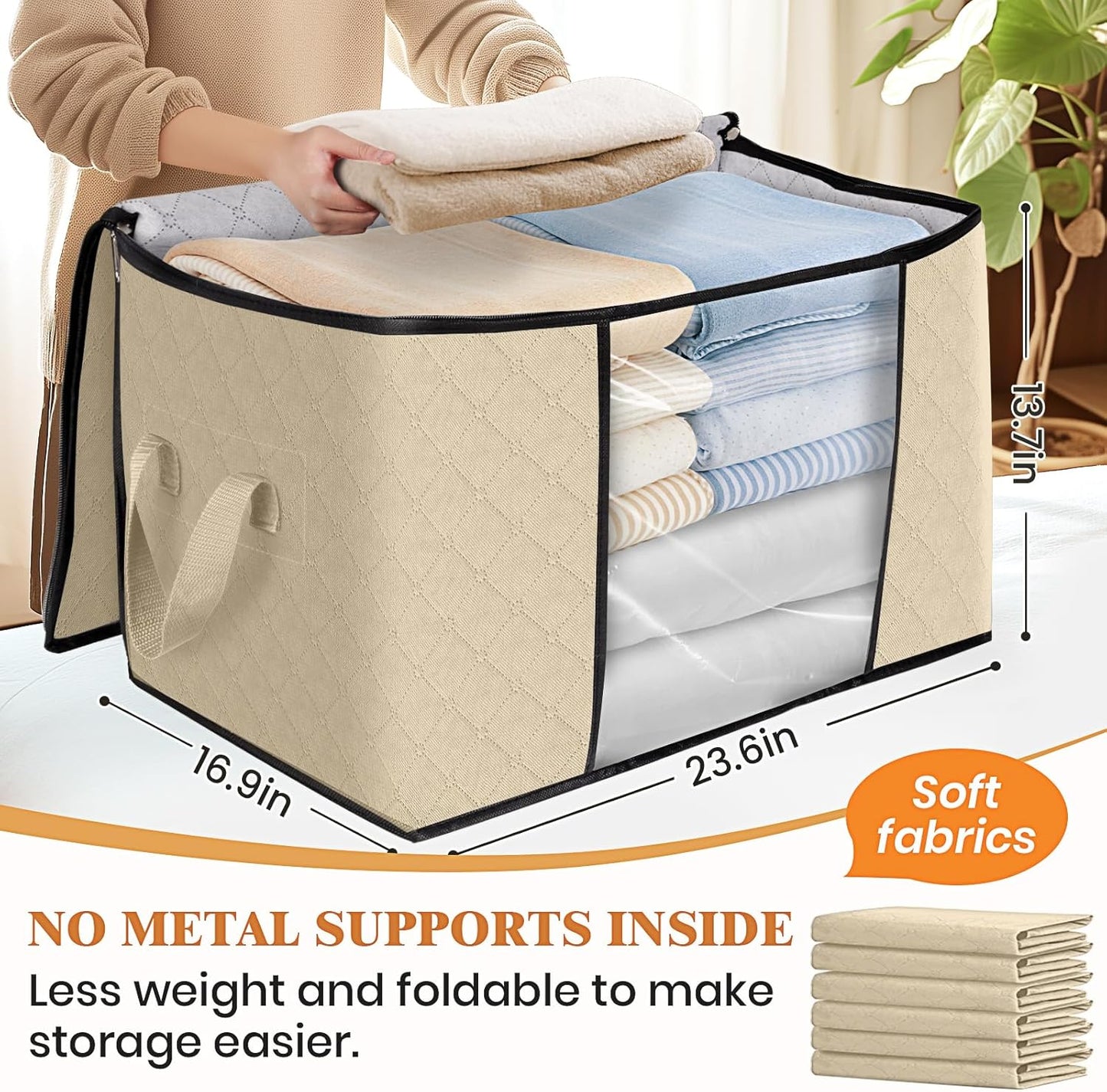 Fab totes 24 Gallons Clothes Storage, Foldable Thick Fabric Blanket Storage Bags, Containers for Organizing Bedroom, Closet, Clothing, Comforter, Organization with Handle (6 Pack,Beige)