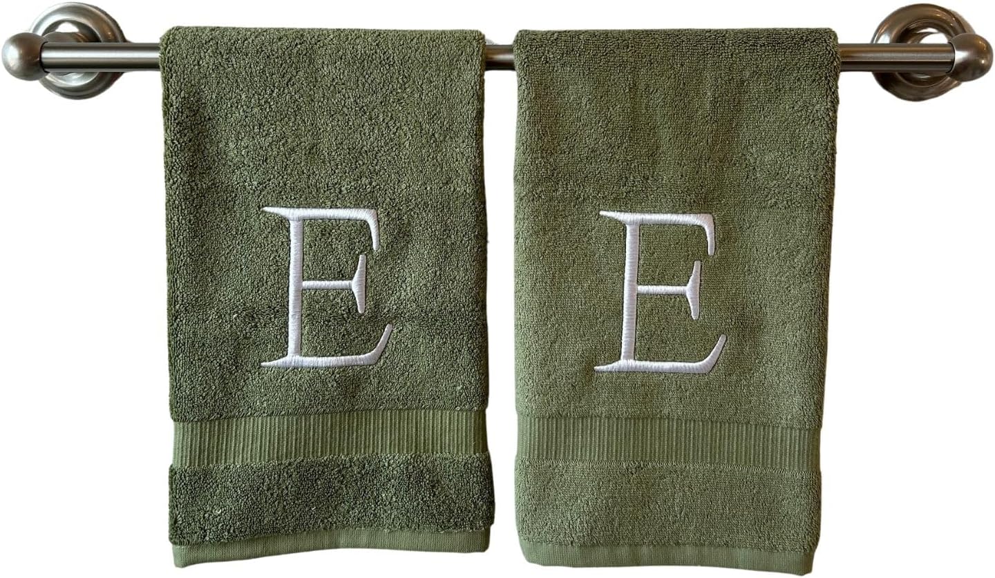 Sage Initial Hand Towel for Bathroom - Monogrammed Luxury Hotel Quality Decorative Embroidered Towel for Powder Room, Spa - GOTS Organic Certified - Set of 2 Letter E