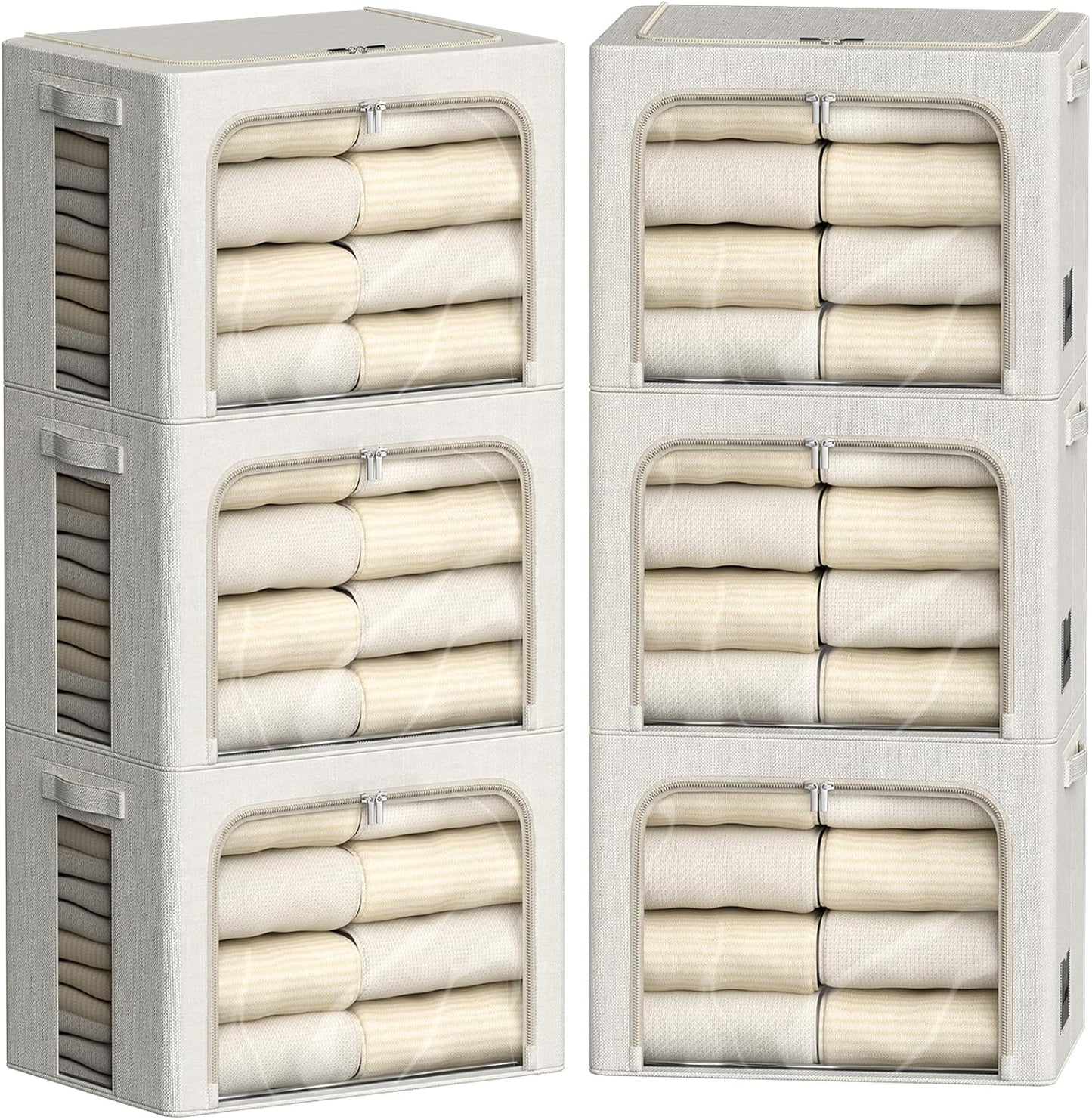 FHSQX 6 Pack Clothes Storage Bins with Metal Frame Foldable Storage Bins for Clothes Linen Fabric Storage Box with Clear Window (Lvory White, 15.7x11.8x11.8inch(36L))