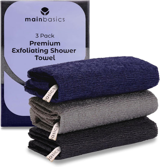 MainBasics Exfoliating Shower Towel - Japanese Nylon Bath Towel and Body Washcloth, Quick-Dry, Durable, Deep Exfoliation (Set of 3, Black Ice)