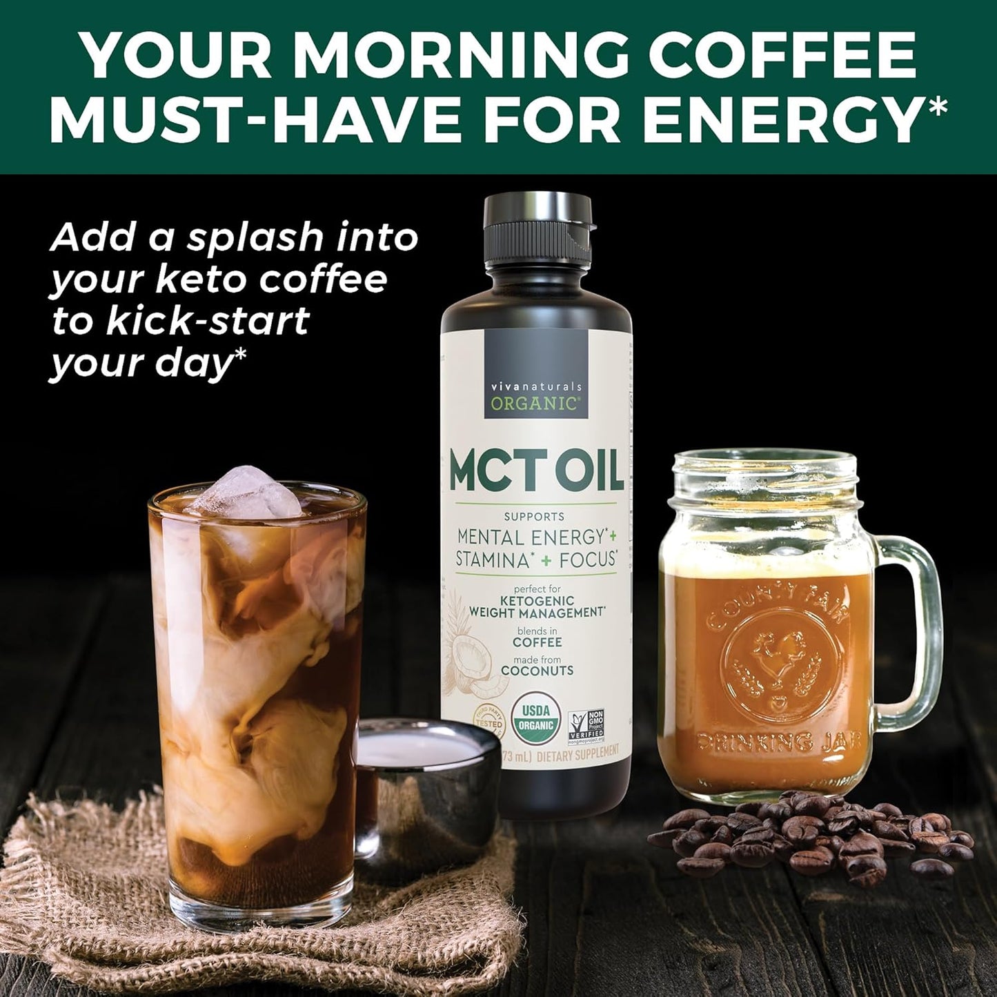 Viva Naturals Organic MCT Oil 16 fl oz - Best MCT Oil Organic for Coffee, MCT Coconut Oil Supports Energy & Mental Clarity, USDA Organic, Non-GMO, Paleo & Keto Certified, MCT Wellness