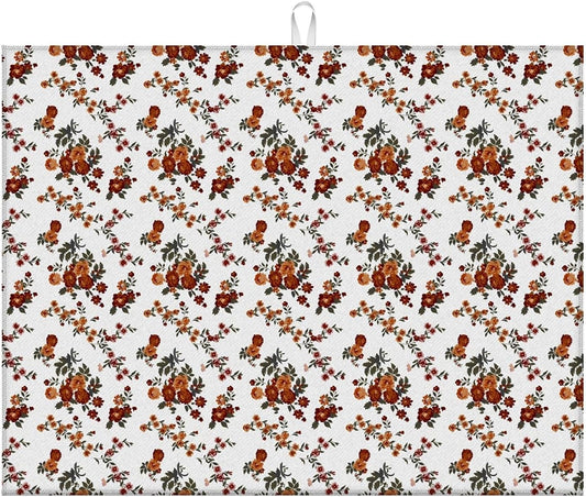 Dish Drying Mat For Kitchen Counter, Retro Brown Flowers Floral Microfiber Absorbent Dish Drainer Rack Pad Reusable Large 18x24in Drying Mat