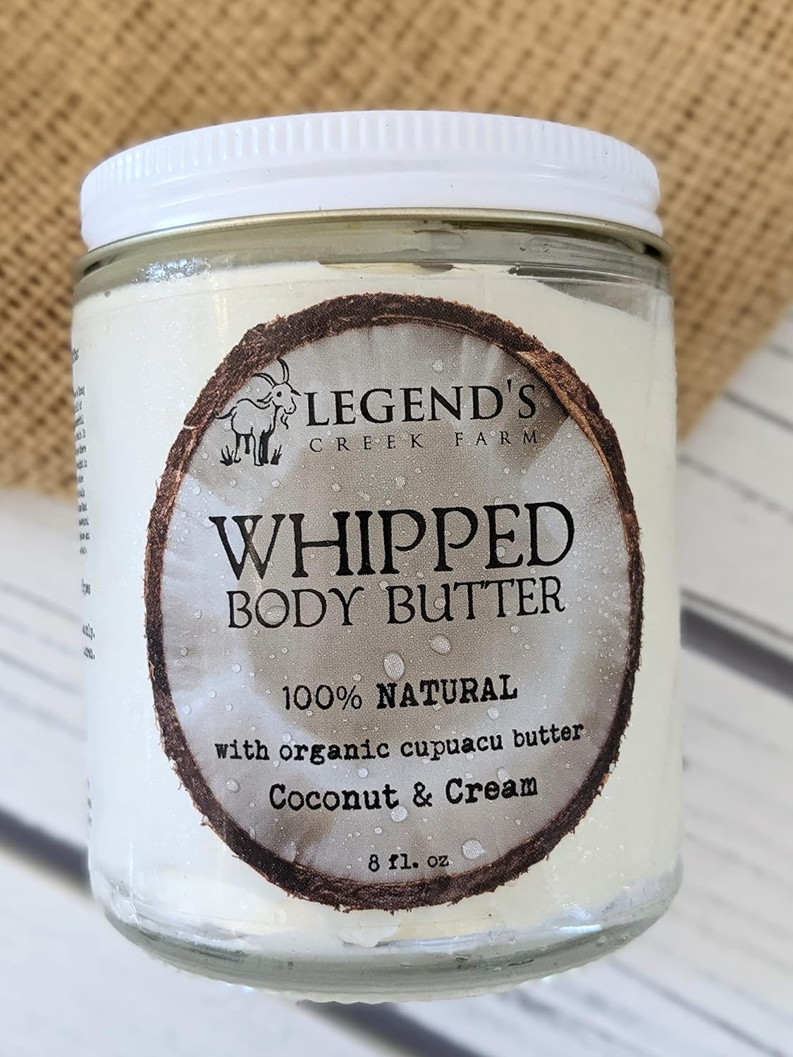 Legend's Creek Farm, Goat Milk Body Butter - Hydrating Natural Body Moisturizer with Organic Shea Butter & Grape Seed Oil - 8 Oz Purifying & Toning Whipped Body Butter (Cupuacu Coconut & Cream)