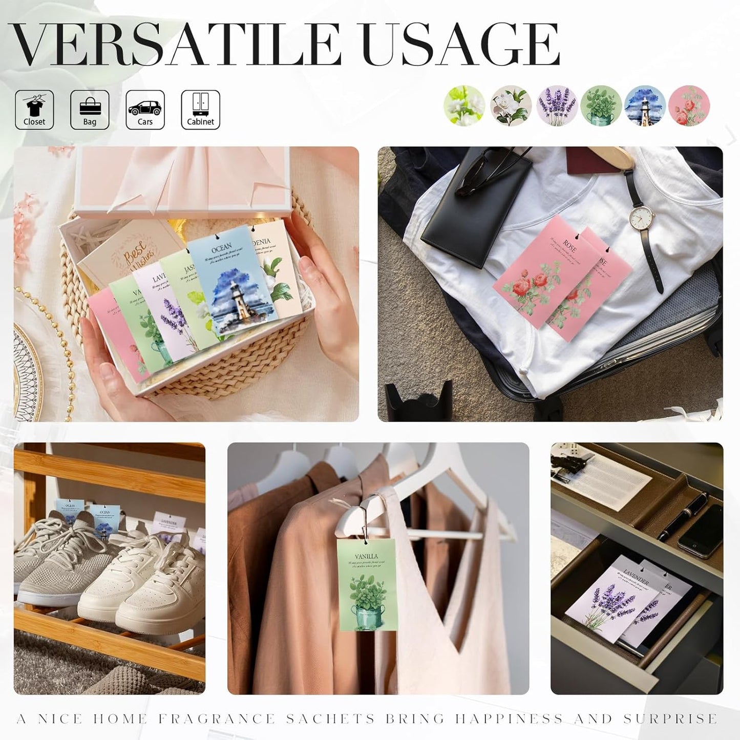 Rose Scented Sachet Bags - 12 Pack Closet Freshener Odor Eliminator, Long Lasting Home Fragrance for Drawers, Wardrobes & Cars, House Smell Good Products, Air Freshener for Closet