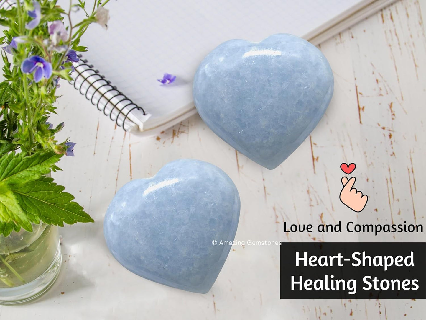 Amazing Gemstone Blue Calcite Celestite Crystal Heart Palm Stone - Pocket Massage Worry Stone for Natural Body Chakra Balancing, Reiki Healing and Crystal Grid