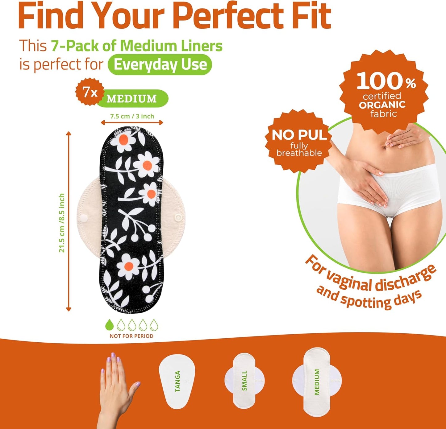 Made in EU - Ultra-Thin Reusable Panty Liners (Medium, 7-Pack) – High-Temp Washable Cloth Panty Liners for Women – Durable & Breathable Organic Cotton Keeps You Fresh & Dry for Daily Vaginal Discharge