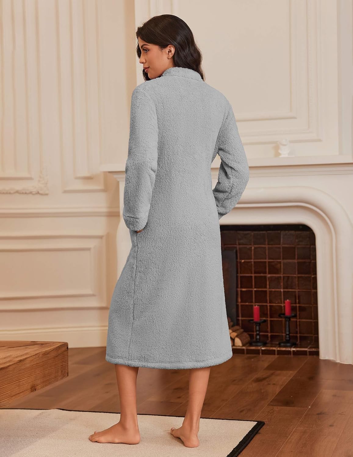 Ekouaer Women's Zip Up Robe Fleece Bathrobe Long Zipper Lounger Warm Housecoat Long Sleeve Nightgown with Pockets S-XXL