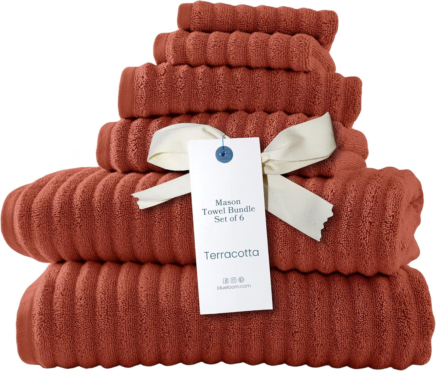 Blue Loom Ribbed Bath Towels Set, 100% Cotton 600GSM, Soft Absorbent Durable 2 Bath Towels, 2 Hand Towels, 2 Wash Cloths for Bathroom - Mason (58" x 30" inch Towels) (Terracotta, 6 Piece)