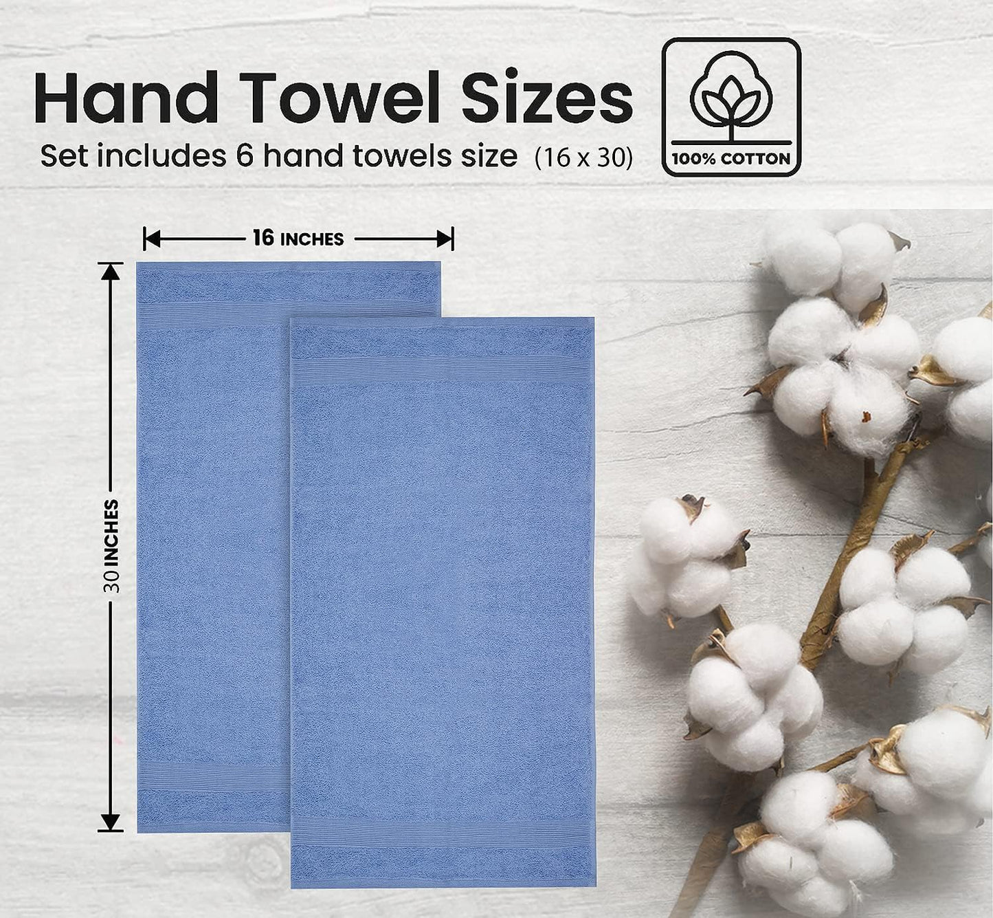 Premium Hand Towels Pack of 6 (16" x 30”) 100% Combed Ring Spun Cotton | Highly Absorbent Hand Towels Set | Ultra Soft for Home, Gym & Spa (Sky Blue)