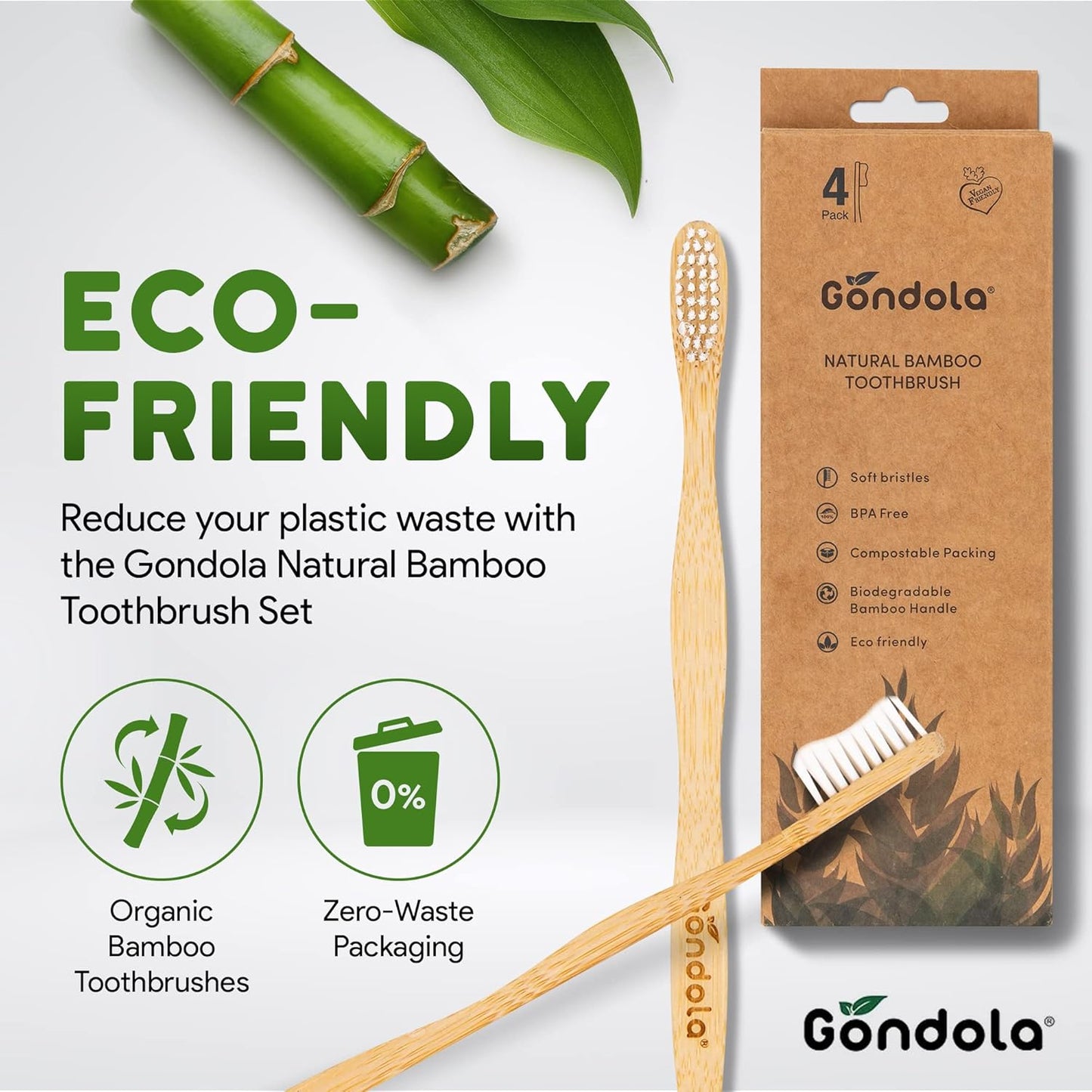 Gondola Organic Bamboo Toothbrushes (Adults - 4 Count (Pack of 1))