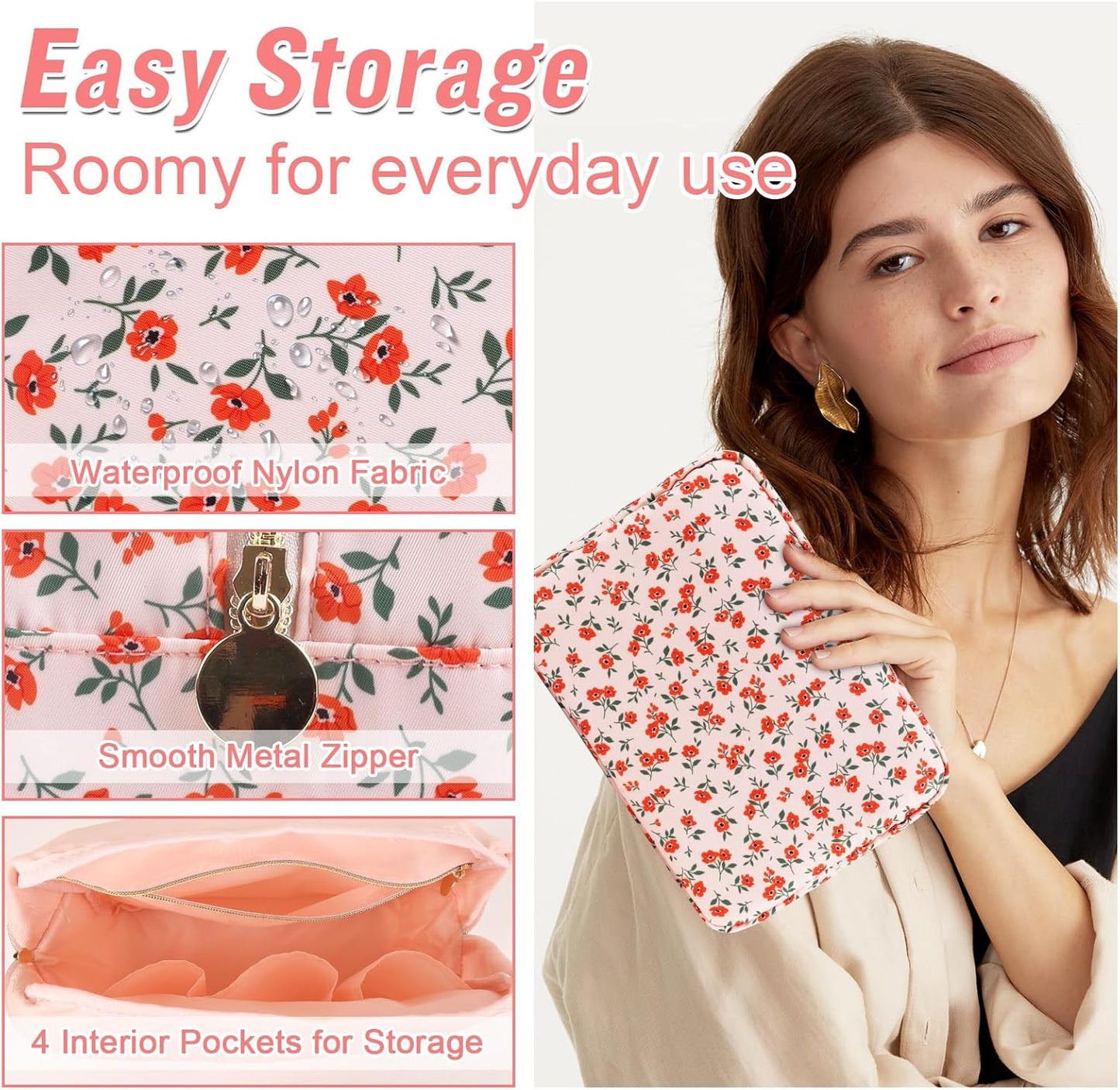 Nylon Large Floral Makeup Organizer Bag, Preppy Big Cute Flower Cosmetic Zipper Pouch Multi-compartment with Dividers, Waterproof Toiletry Make Up Brushes Bag Travel Essentials for Women(Pink-Floral)