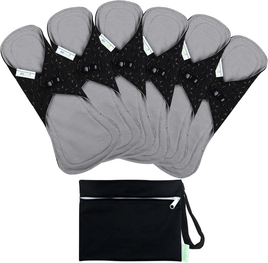 wegreeco 6 Pcs Reusable Menstrual Pads, Ultra Absorbent Cloth Pads for Heavy Flow, Sanitary for Teens, Women, Nonslip, Grey Inner, Black Outer, Small
