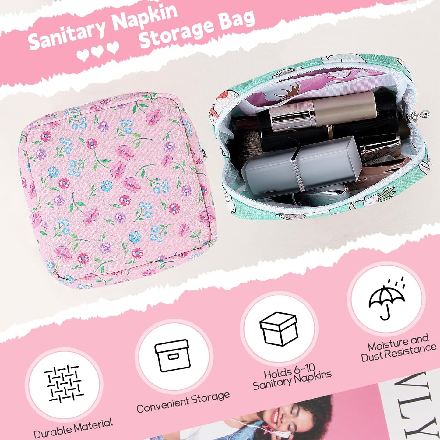 Desing Wish Period Bag Pouch Soft Cloth Sanitary Napkin Storage Bag Portable Menstrual Pad Pouches Tampon Holder for Purse First Period Kit for Girls 9-12 (Black Dots)