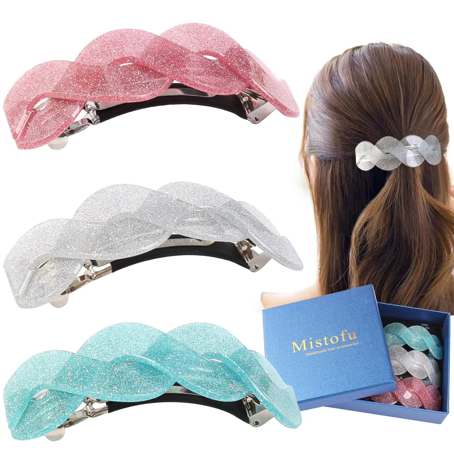 3 Pcs Large Retro Women's Hair Barrettes, French Hair Pins, Thick Hair Clasps and Accessories (fine powder1)