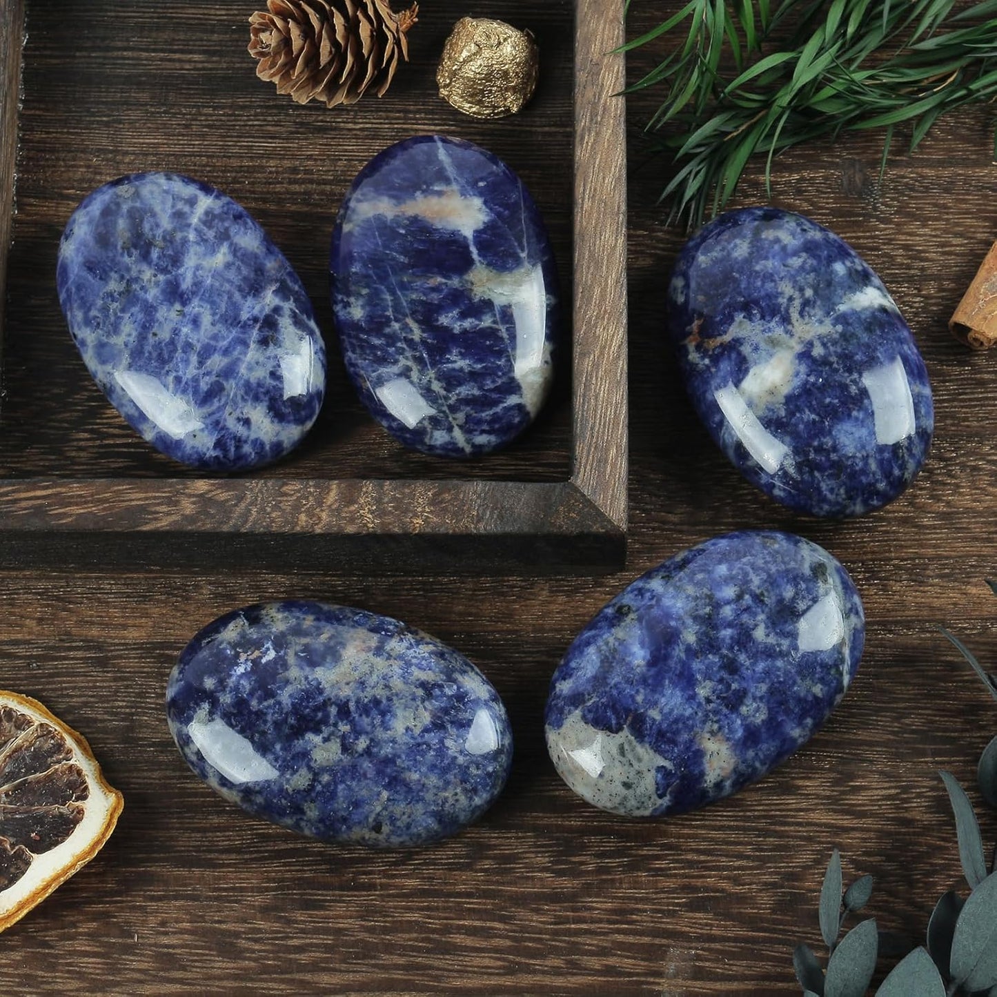 Natural Sodalite Oval Polished Worry Stones, Healing Crystal Indoor Fountain Stones Massage Energy Anxiety Relief Items