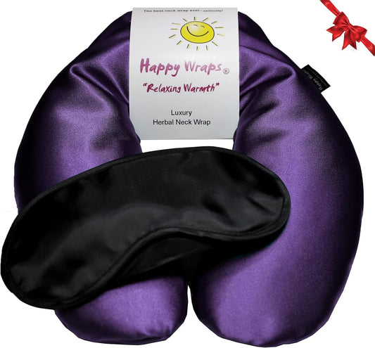 Microwavable Herbal Neck Wrap - Hot Cold Aromatherapy Neck Warming Pillow - Heating Pad for Migraines, Stress, Gifts for Women, Birthdays, Christmas and Free Sleep Mask - Amethyst Satin