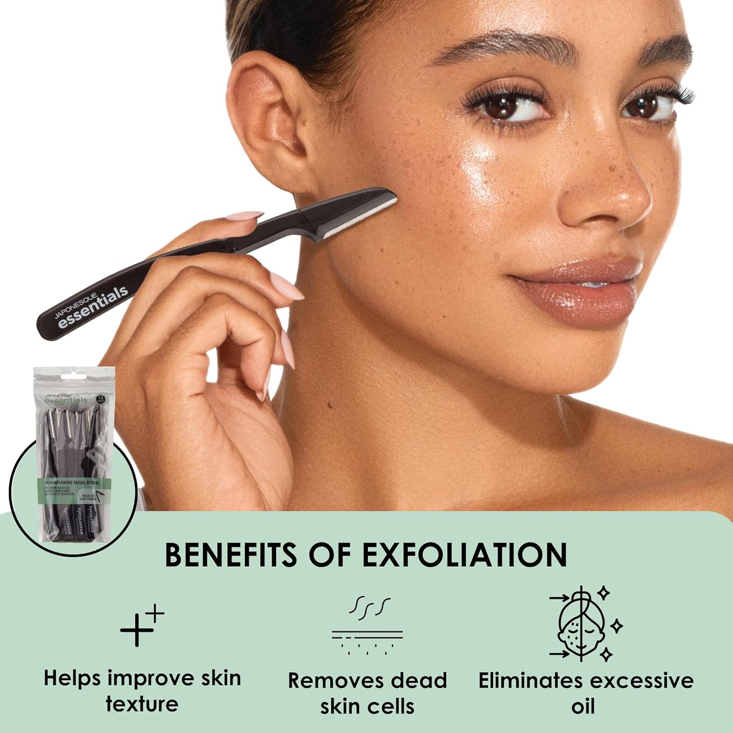 JAPONESQUE Essentials Dermaplaner Facial Hair Razors 12 Pack – Precision Blades for Peach Fuzz Removal, and Eyebrow Shaping for Men & Women