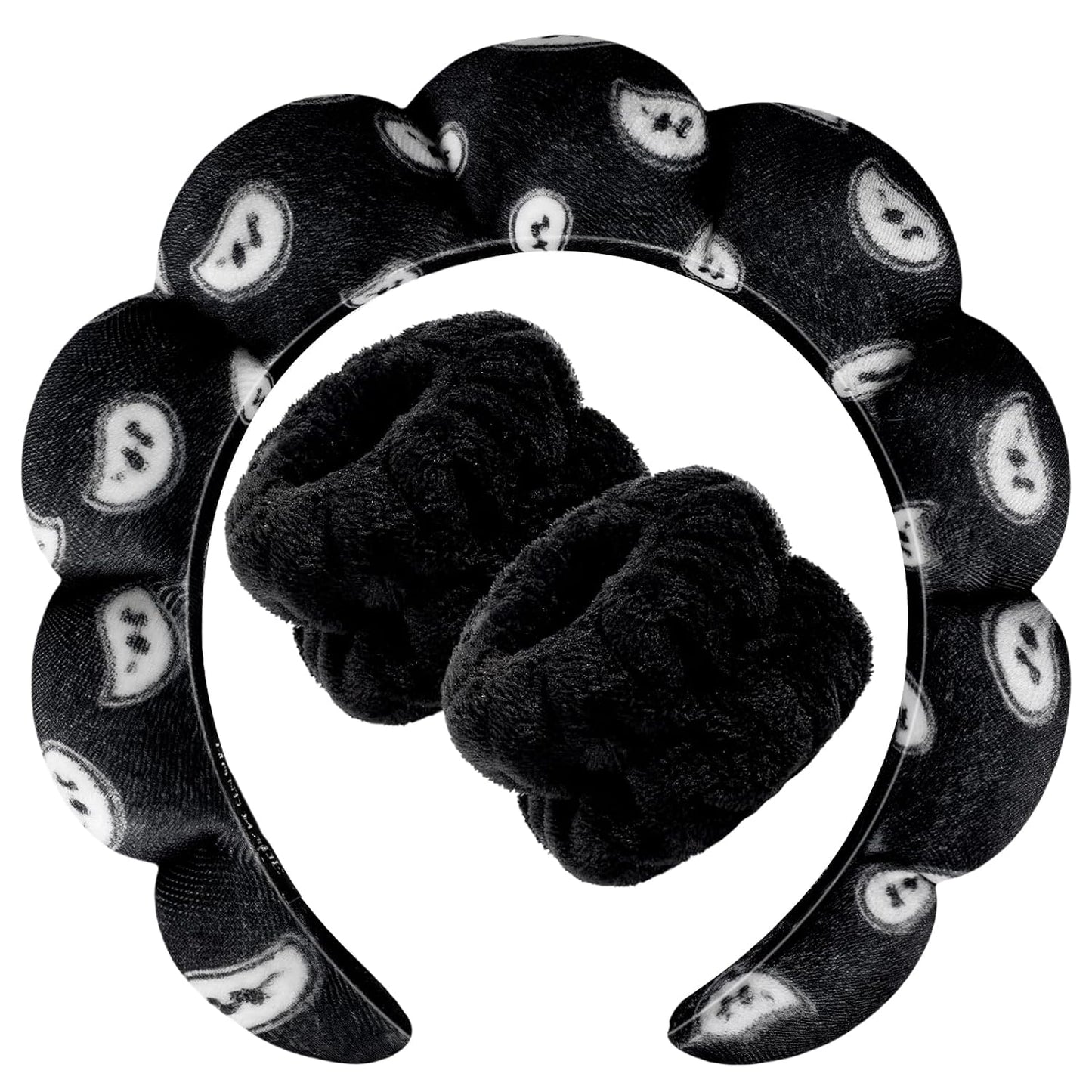 Zkptops Spa Headband for Washing Face Wristband Set Sponge Makeup SkincareVelvet Fabric Bubble Soft Get Ready Hairbands for Women Puffy Headwear Non Slip Thick Thin Hair Accessory (Black Nuts)