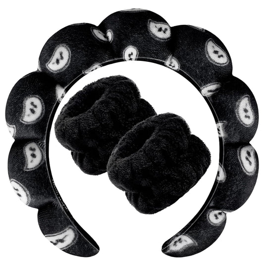 Zkptops Spa Headband for Washing Face Wristband Set Sponge Makeup SkincareVelvet Fabric Bubble Soft Get Ready Hairbands for Women Puffy Headwear Non Slip Thick Thin Hair Accessory (Black Nuts)