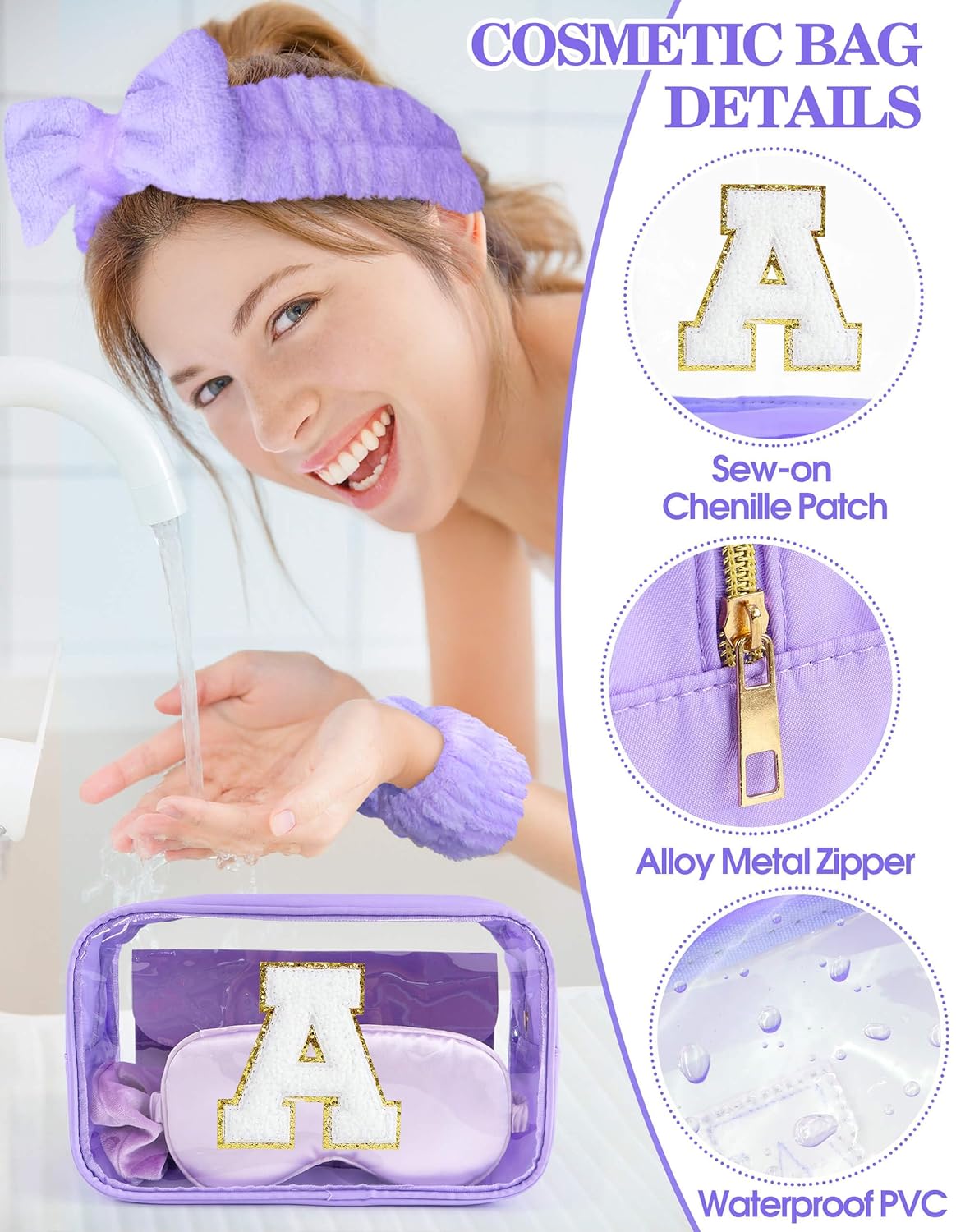 Gift Sets for Women, Initial Makeup Bag with Makeup Brush Set Bachelorette Party Favors, Purple Spa Kit with Skincare Headbands Wrist Bands Sleepover Party Supplies Gifts for Teen Girls Bridesmaid A