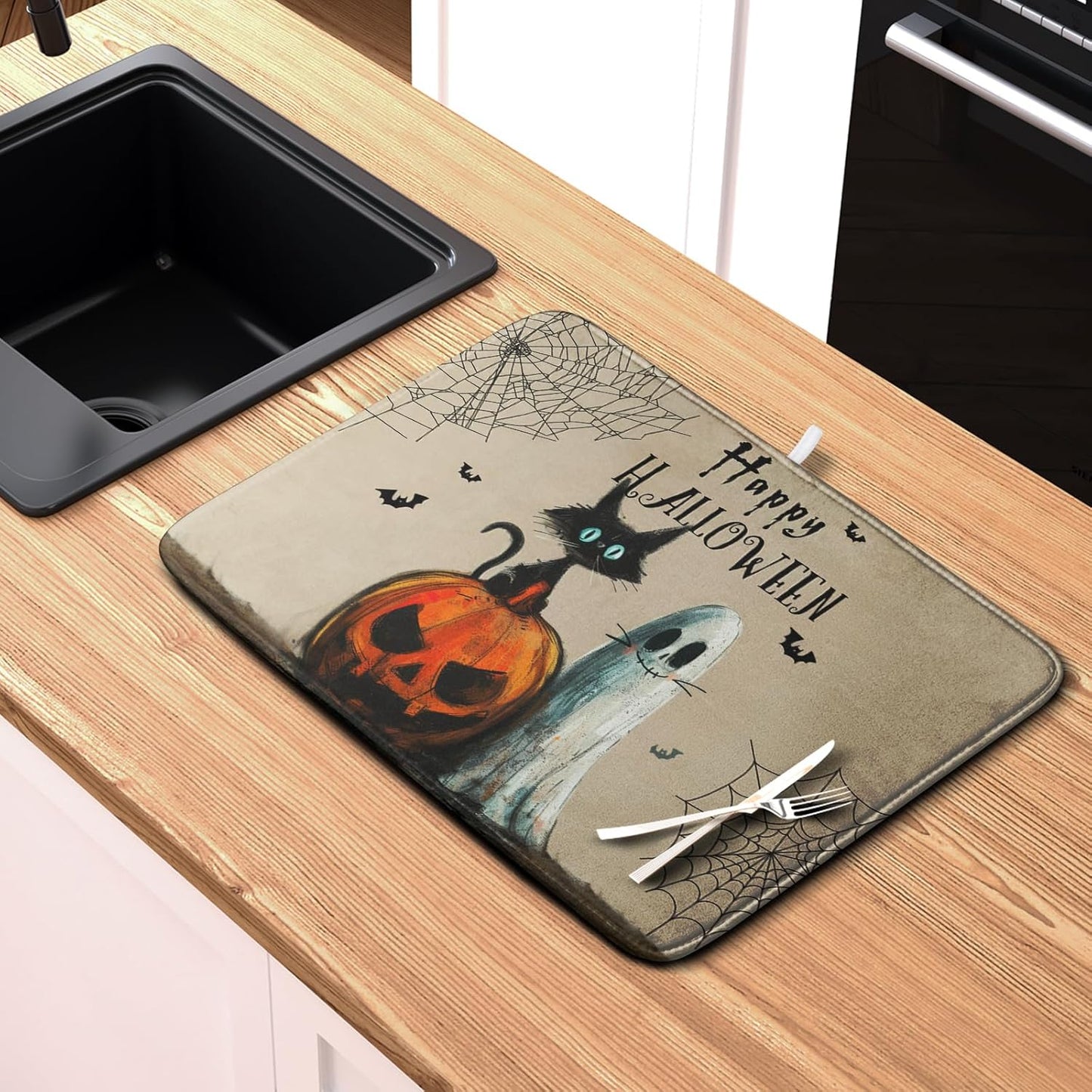 Happy Halloween Dish Drying Mat for Dishs 16x18 Inch Halloween Pumpkin Ghost Black Cat Kitchen Drying Mat Spooky Spiderweb Holiday Dish Drainer Mat Super Absorbent Dish Rack Pad for Coffee Bar Sinks