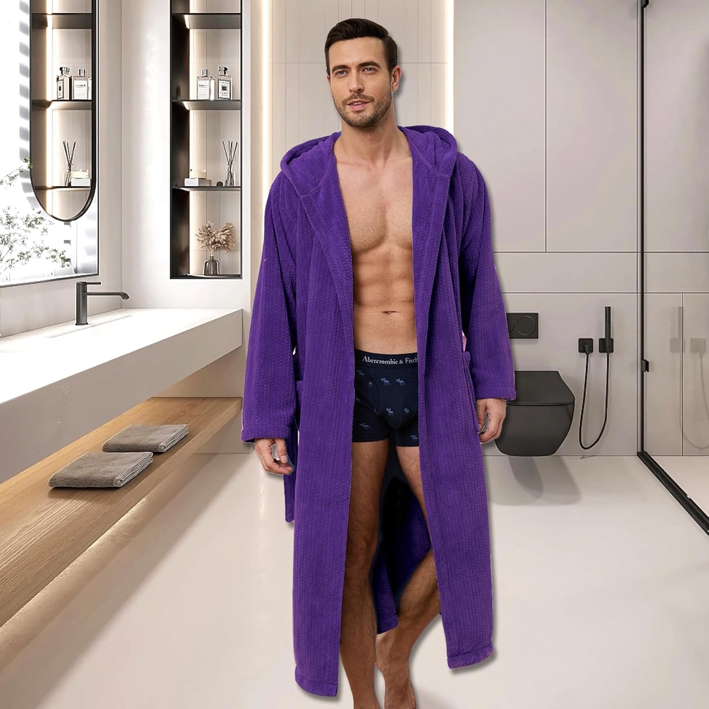 Men's Bathrobes with Hood, Soft Long Towel Robe for Men - Super Absorbent Quick Dry yet Warm