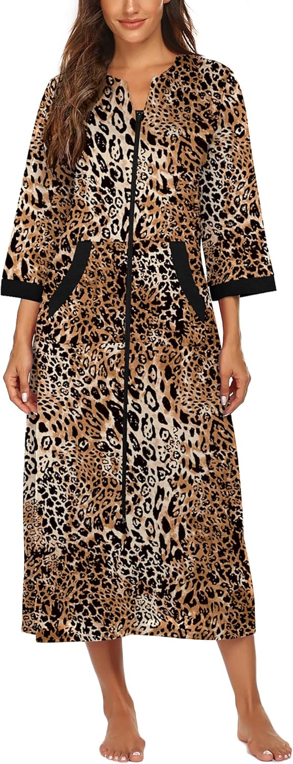 Ekouaer Women Zipper Robe 3/4 Sleeves Loungewear Dress Full Length Sleepwear Pockets Housecoat Nightgown Long Bathrobe