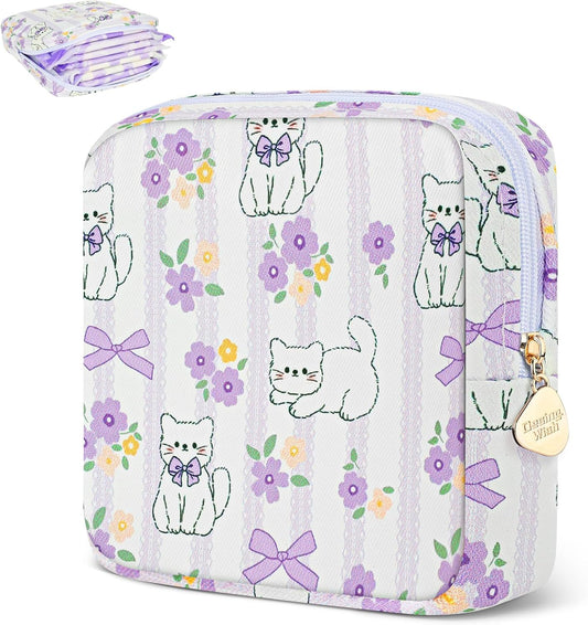 Desing Wish Sanitary Pad Storage Bag Portable Period Bag for Teen Pads/Sanitary Napkins/Small Tampons, Sanitary Napkin Storage Bag First Period Gifts for Teen Girls (Purple Bowknot Cat)