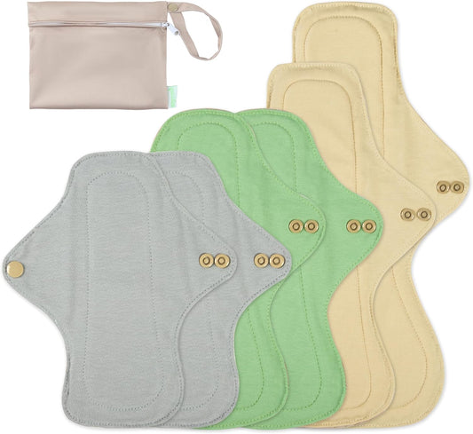 wegreeco 6 Pcs Reusable Menstrual Pads, Ultra Absorbent Cloth Pads for Heavy Flow, Sanitary for Teens, Women, Nonslip Panty Liners + Bag (Mustard Yellow, Grey, Beige, Rose Gold Outer, Mixed Sizes)