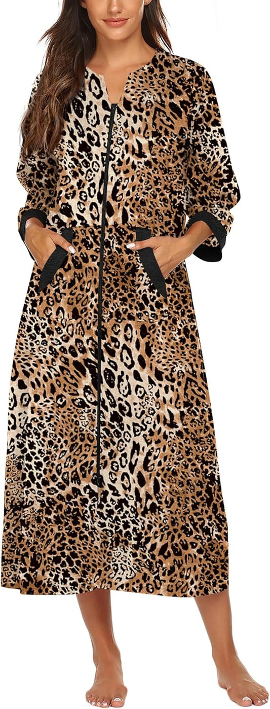 Ekouaer Women Zipper Robe 3/4 Sleeves Loungewear Dress Full Length Sleepwear Pockets Housecoat Nightgown Long Bathrobe
