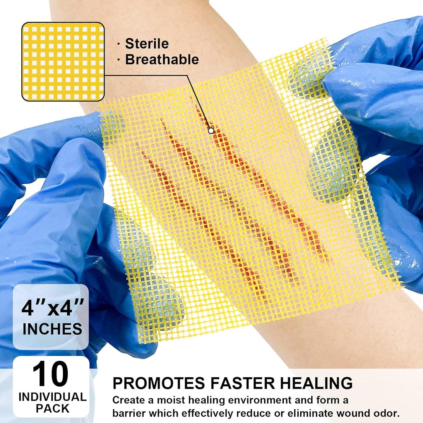 Honey Gauze Wound Dressing, 4" x 4" Manuka Honey Wound Care, Medical Grade Honey Bandages for Wound Care, Honey Patch for Faster Healing from Burns, Abrasions, Cuts and Scalds (Pack of 10)