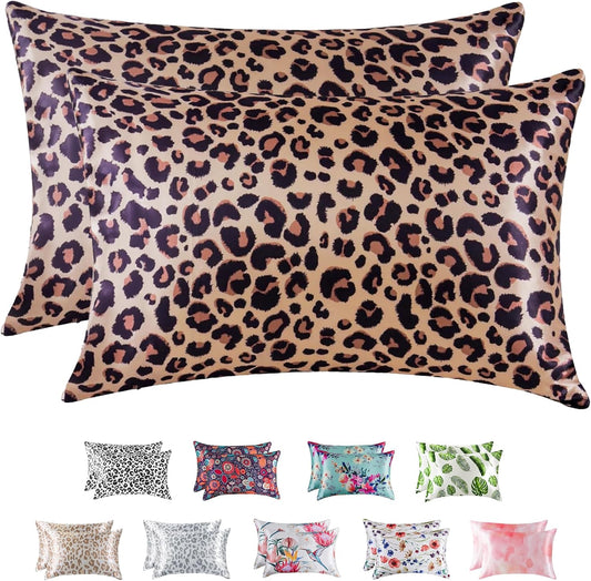 MR&HM Satin Pillowcase for Hair and Skin, Silk Satin Pillowcase 2 Pack, Queen Size Pillow Cases Set of 2, Silky Pillow Cover with Envelope Closure (20x30, Brown Leopard)