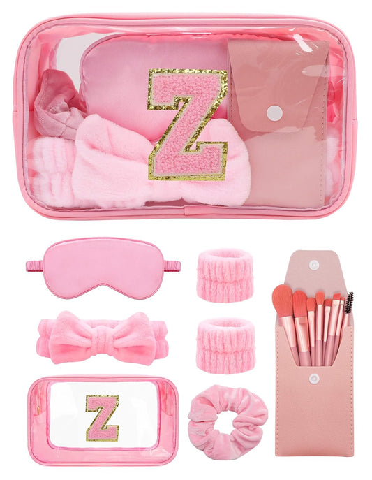 Gift Sets for Women, Initial Makeup Bag with Makeup Brush Set Bachelorette Party Favors, Pink Spa Kit with Skincare Headbands Wrist Bands Sleepover Party Supplies Gifts for Teen Girls Bridesmaid Z