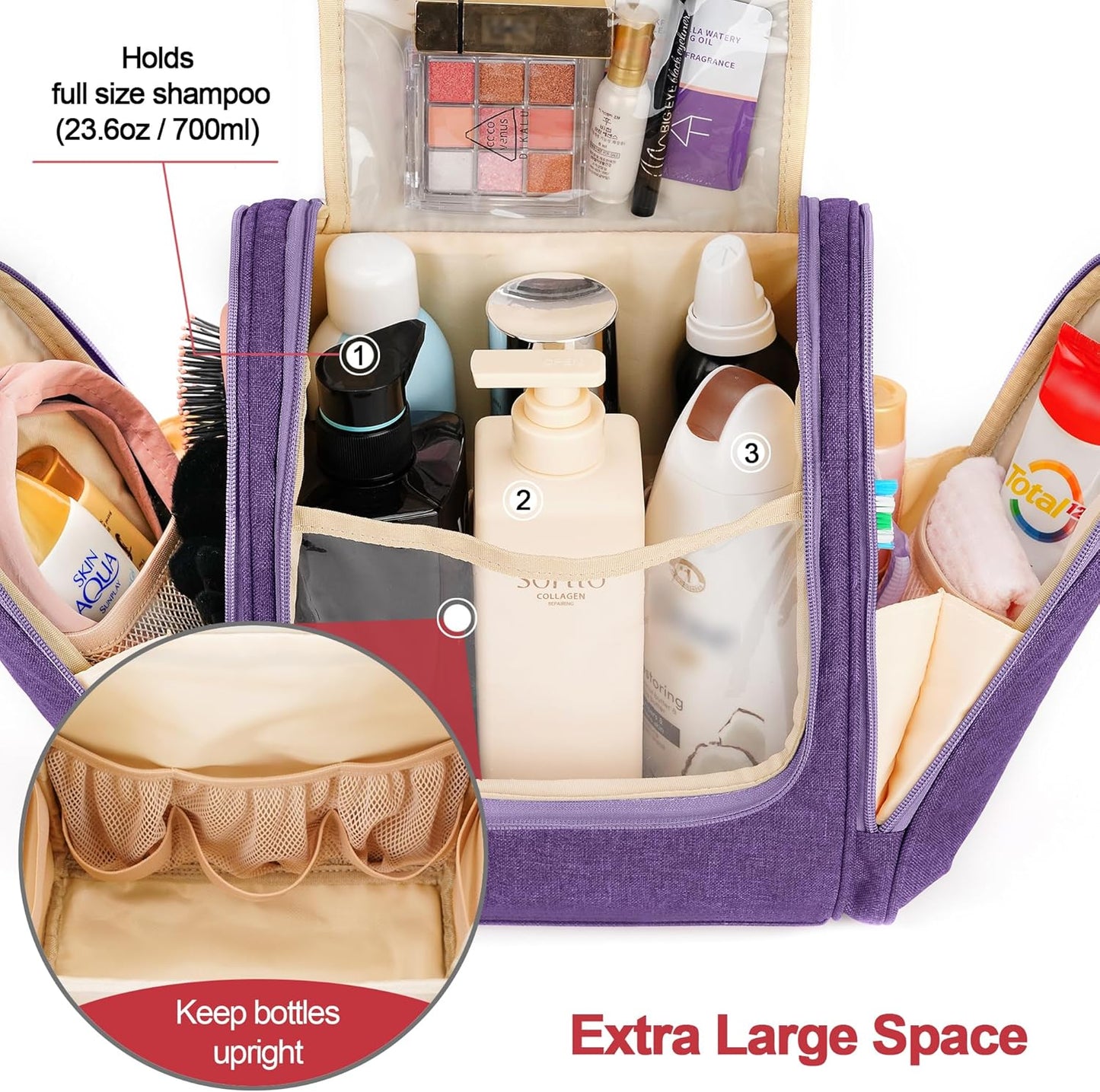 Travel Hanging Toiletry Bag for Women and Men, 6 Organizer Compartments, Holds Full Size Bottles, Extra Large Cosmetic Accessories, Makeup essentials, Bathroom Water-resistant Toiletries Bag, Purple