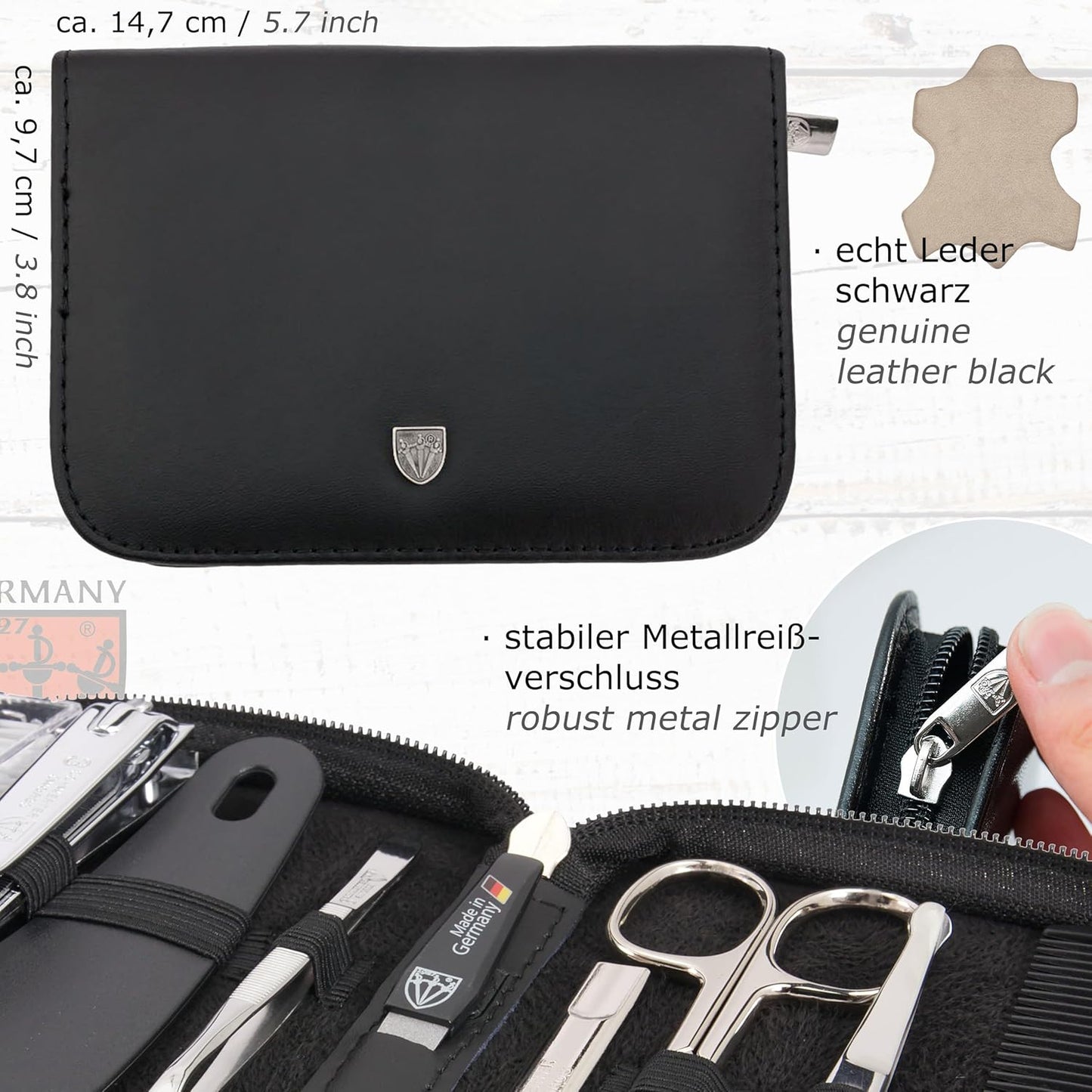 3 Swords Germany – brand quality 10 piece manicure pedicure grooming kit set for nail care tweezers file clipper, Made by 3 Swords (BLACK - GENUINE LEATHER)