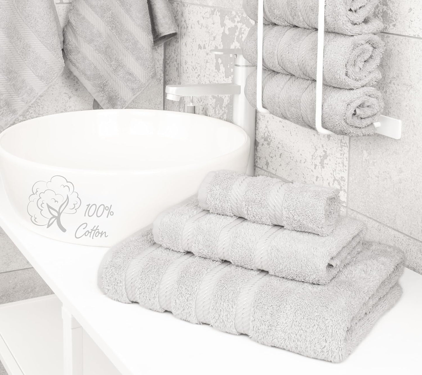 American Soft Linen Premium 3 Piece Towel Set, 1 Bath Towel 1 Hand Towel 1 Washcloth, 600 GSM 100% Cotton Turkish Towels for Bathroom, Silver Grey Towel Set
