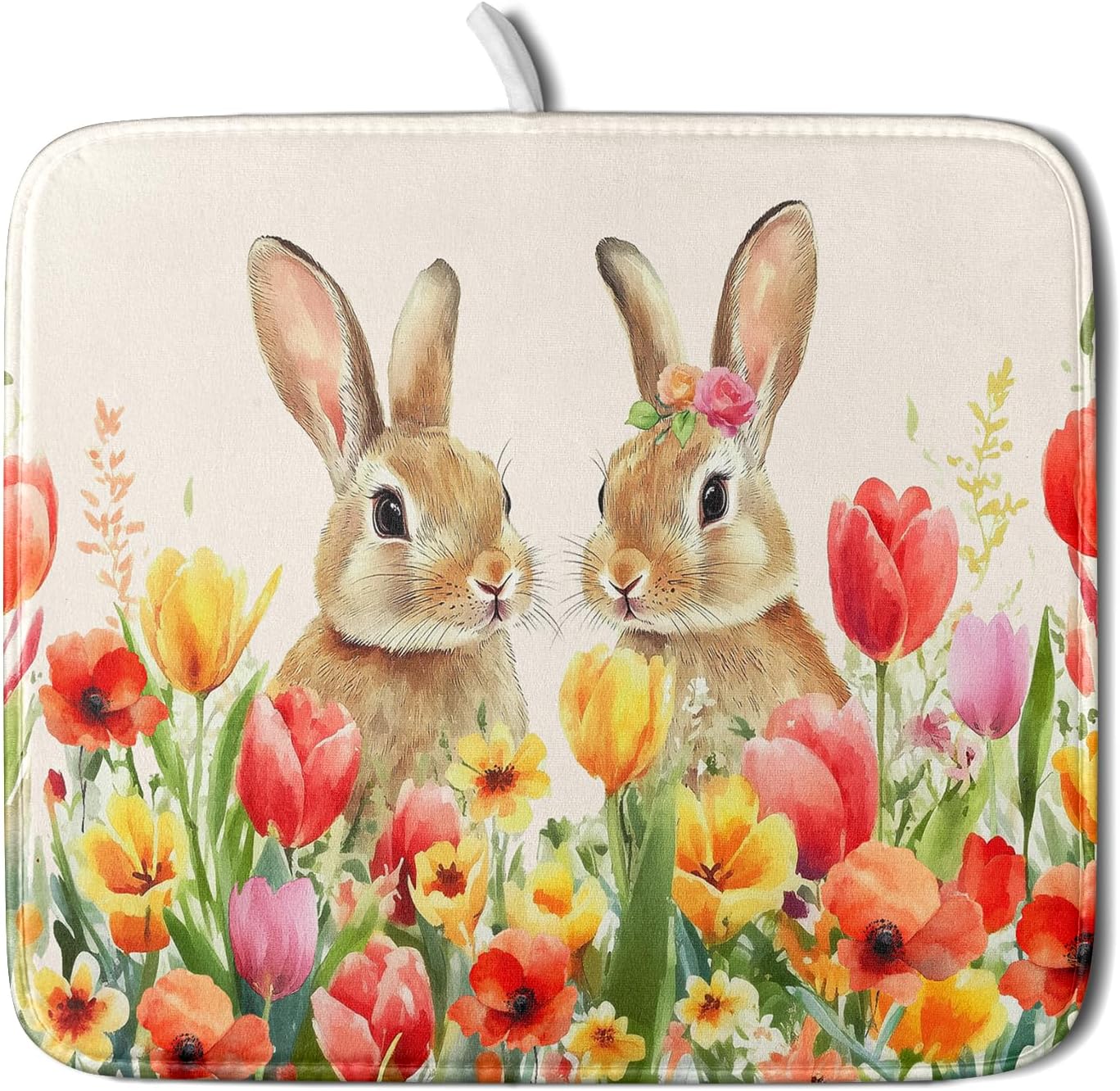 Easter Bunny Dish Drying Mat 16x18 inch Spring Floral Drying Pad Holiday Absorbent Microfiber Dishes Drainer Protector for Kitchen Counter