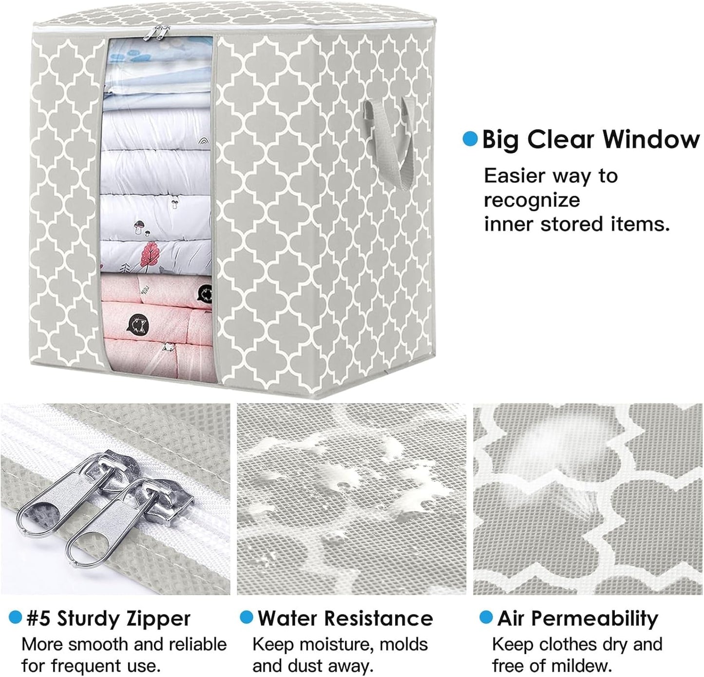 WISELIFE Storage Bags 6 Pack/100L Large Blanket Clothes Organization and Storage Containers for Comforters,Bedding, Foldable Organizer with Reinforced Handle, Clear Window, Sturdy Zippers,Lvory