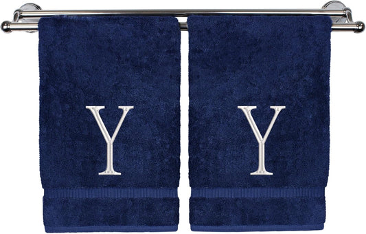 Monogrammed Hand Towel, Personalized Initial Gift, Extra Absorbent 100% Turkish Cotton - Soft Terry Finish - Set of 2 - White Block Initial Y - Embroidered on Navy Blue Towels